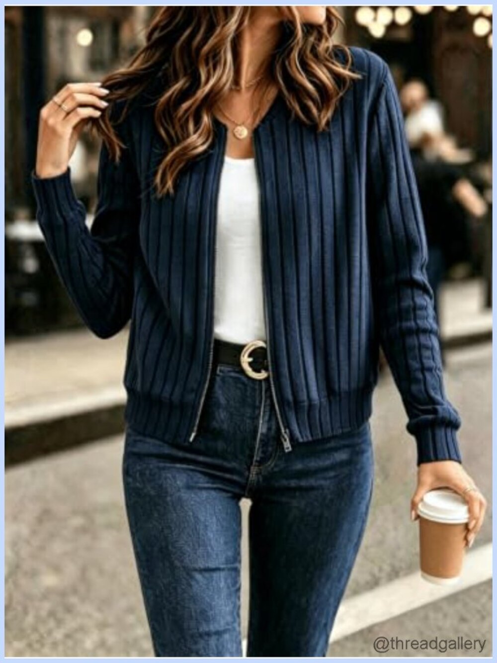 Women's Ribbed Knit Full Zip Up Jacket with Ribbed Cuffs